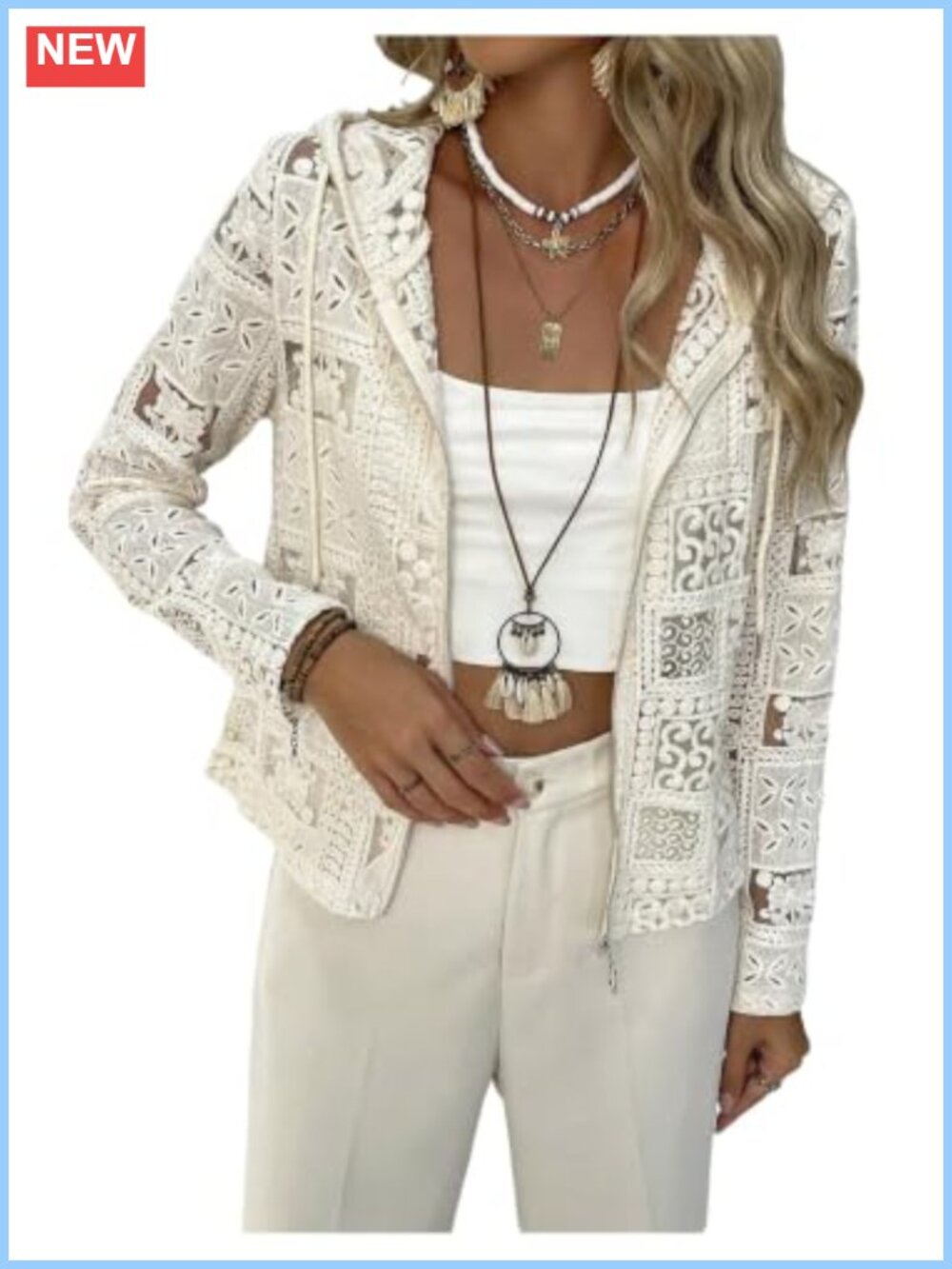 Women's Lace Cardigan Lightweight Sheer Zip Up Jacket Fall Hooded Coat